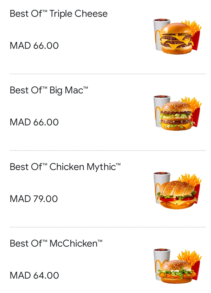 McDonald's Delivery menu with prices