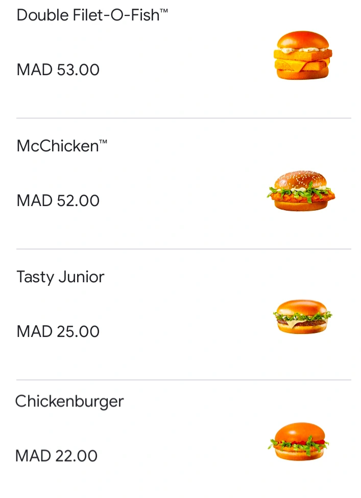 McDonald's Delivery menu with prices